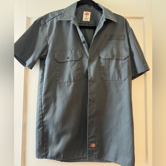 Dickies Work Shirt Small Button Down Gray Lucky Fish Utility Top novelty - Picture 1 of 14